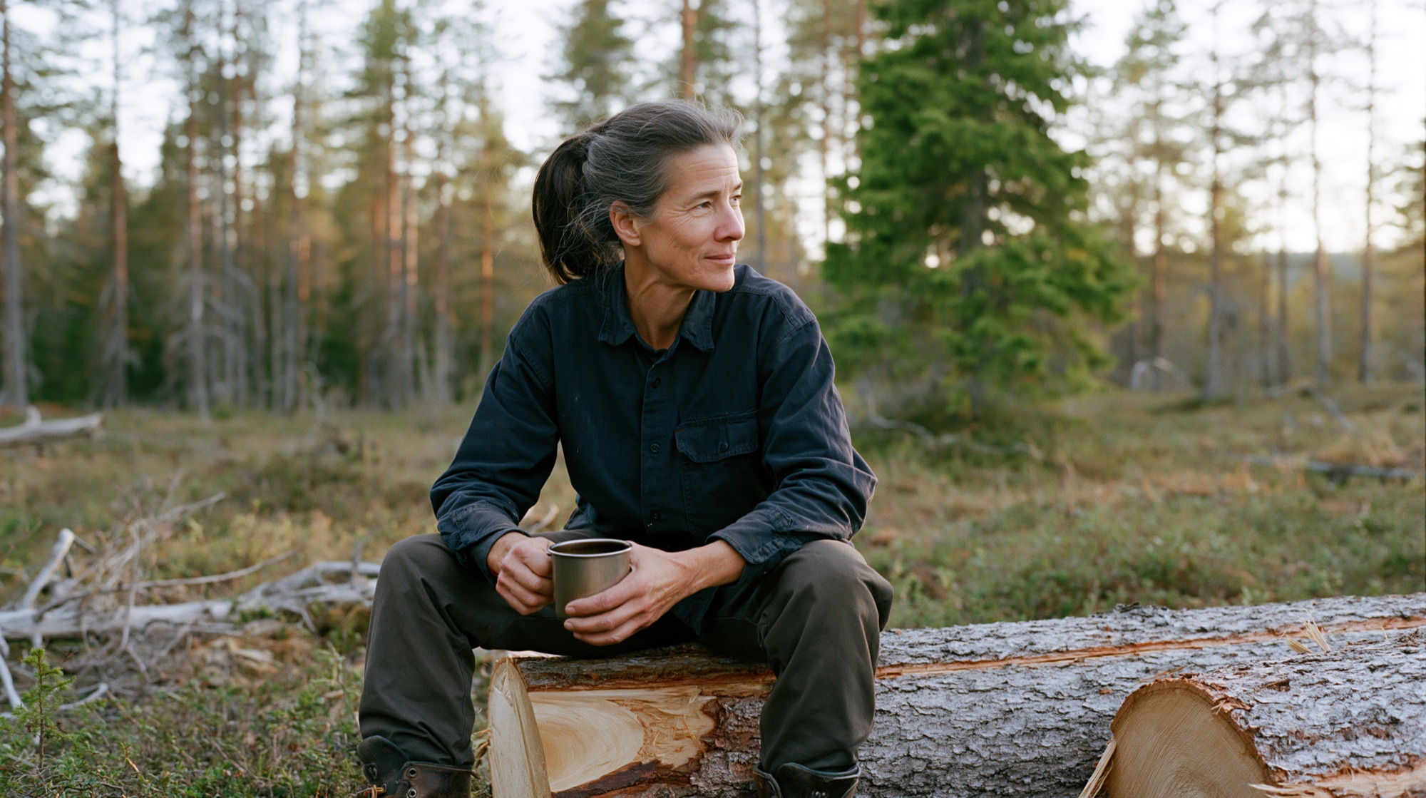 Kvinnlig skogsägare 50-tal sittande på timmer-stock med termoskopp, mjuk blick åt sidan, svensk granskog. AI-genererad bild i Chiffers redaktionella stil.