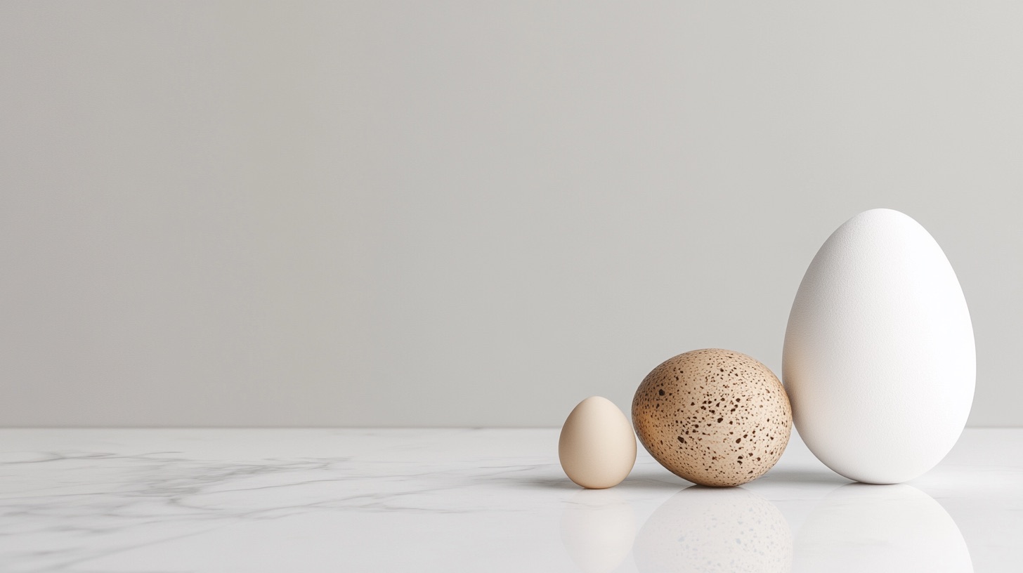 Tre ägg i olika storlek och färg på en marmoryta: en liten beige, en mellanstor prickig brun och en stor vit. AI-genererad bild i Chiffers redaktionella stil.